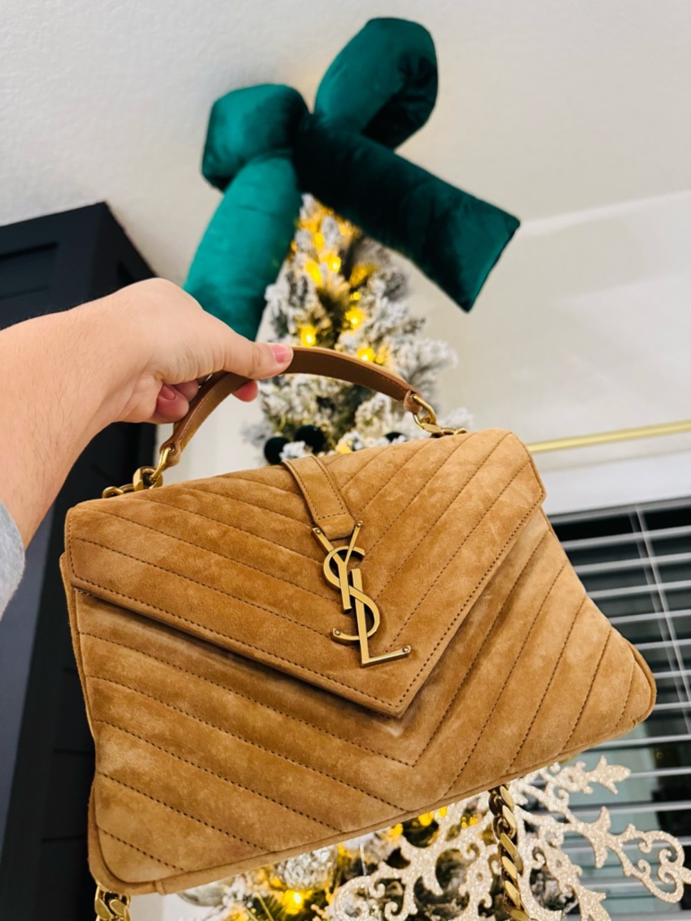 Yves Saint Laurent Tan Suede Quilted Chain Satchel with Gold Hardware - Picture 3 of 9